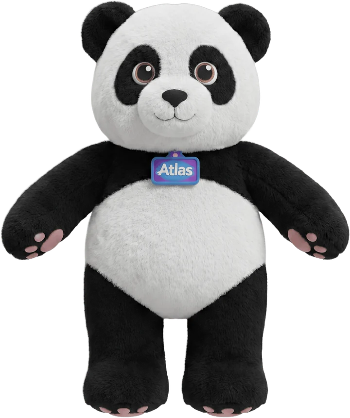 Atlas, a plush panda with a small Atlas name tag, standing with arms open.