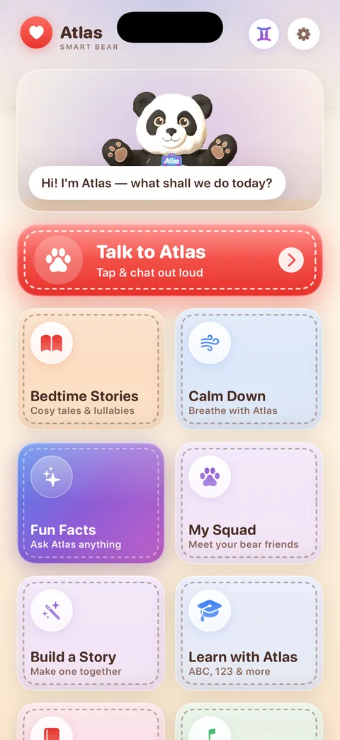Talk2Bear home screen. Atlas, a panda, greets the child. Tiles for Talk to Atlas, Bedtime Stories, Calm Down, Fun Facts, My Squad and Build a Story.
