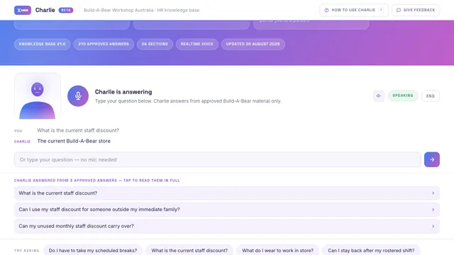 Charlie's web interface. A question about the staff discount, Charlie's answer, and the three approved answers it drew on.