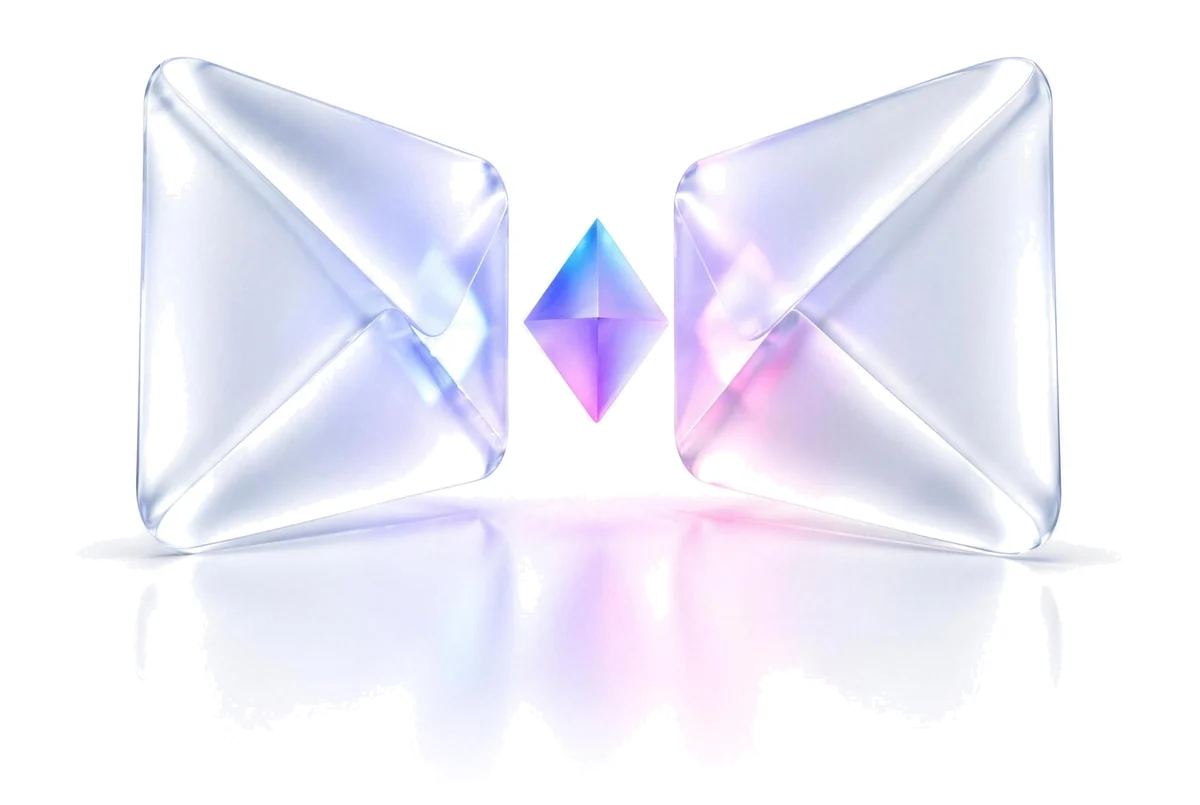 Two frosted-glass envelope forms face each other on white. Between them floats a small diamond of light shading from blue through violet to pink.
