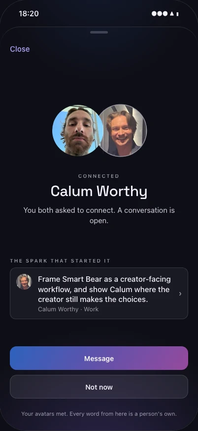 Talk2Mi connection sheet. Two faces overlap under the word CONNECTED. You both asked to connect. A conversation is open. Below, the spark that started it and a Message button.