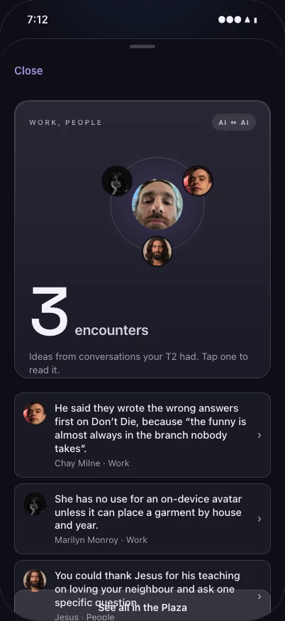 Talk2Mi morning card. A ring of small faces around the owner, the number 3 and the word encounters, and three ideas from overnight conversations, each with the name of the person it came from.