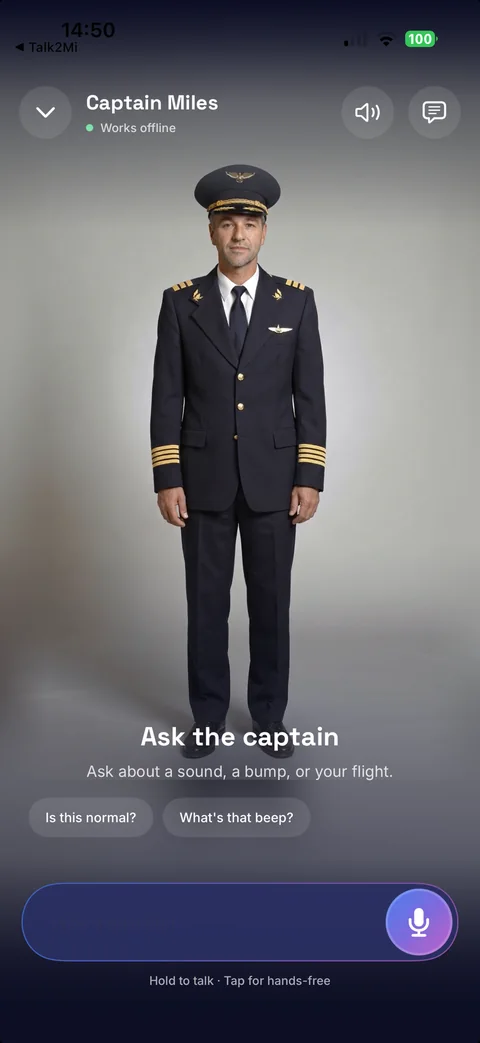 Ask the captain. Captain Miles stands full length in uniform, marked Works offline. Below him: Ask about a sound, a bump, or your flight, two suggested questions, and a microphone with Hold to talk.