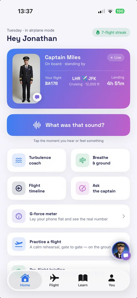 Talk2Pilot home screen in airplane mode. Captain Miles is on board and standing by for flight BA178, London to New York, cruising. A large button reads What was that sound?, then tiles for Turbulence coach, Breathe and ground, Flight timeline, Ask the captain, and a G-force meter.