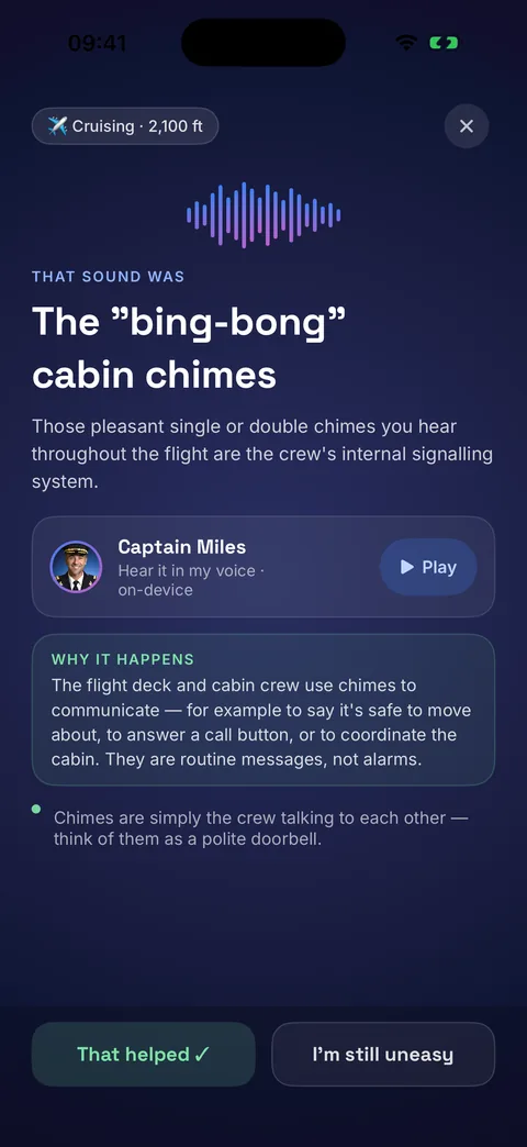 Talk2Pilot sound screen while cruising. That sound was the bing-bong cabin chimes, with Captain Miles explaining why it happens and a Play button to hear it in his voice.