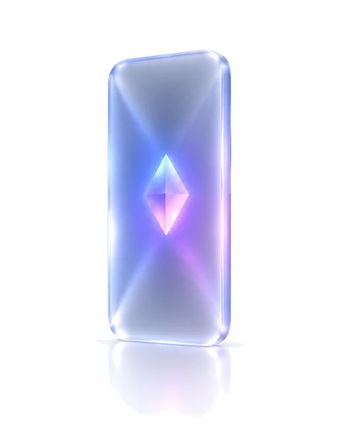 A translucent frosted-glass phone on white, lit from inside by a small gradient diamond of light.