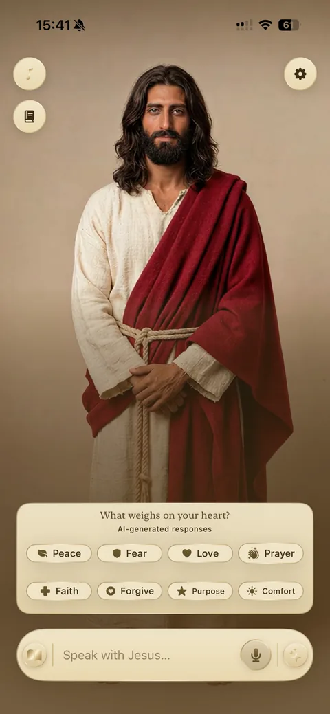 Talk2Jesus home screen. A full-height figure of Jesus on a warm background. Below, the question "What weighs on your heart?", eight topic buttons and a field reading "Speak with Jesus…" with a microphone button.
