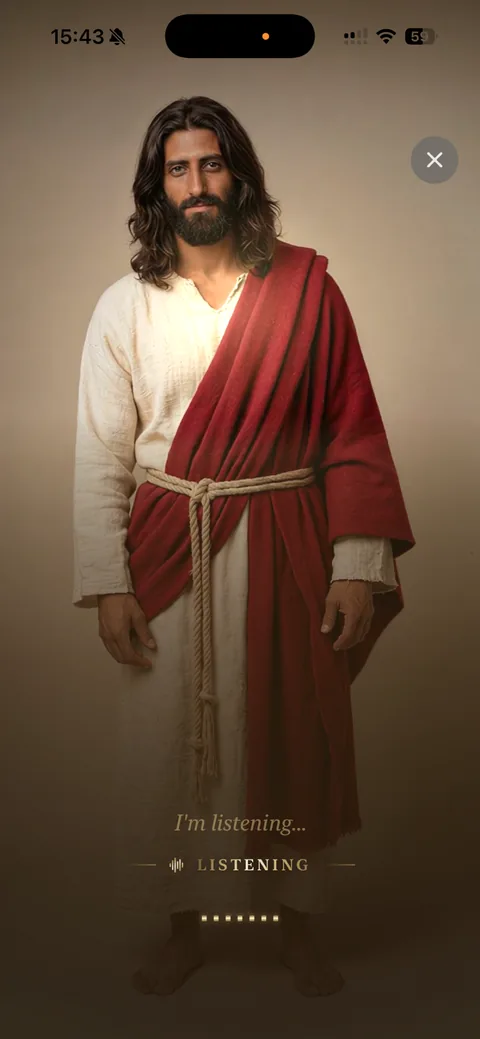 Talk2Jesus voice screen. The same figure fills the screen. Near the bottom, the caption "I'm listening…" above a small waveform.